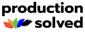 production solved black text transparent background logo