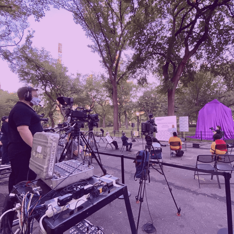 Hybrid event production behind the scene of Monumental women statue unveiling in Central Park with the crew
