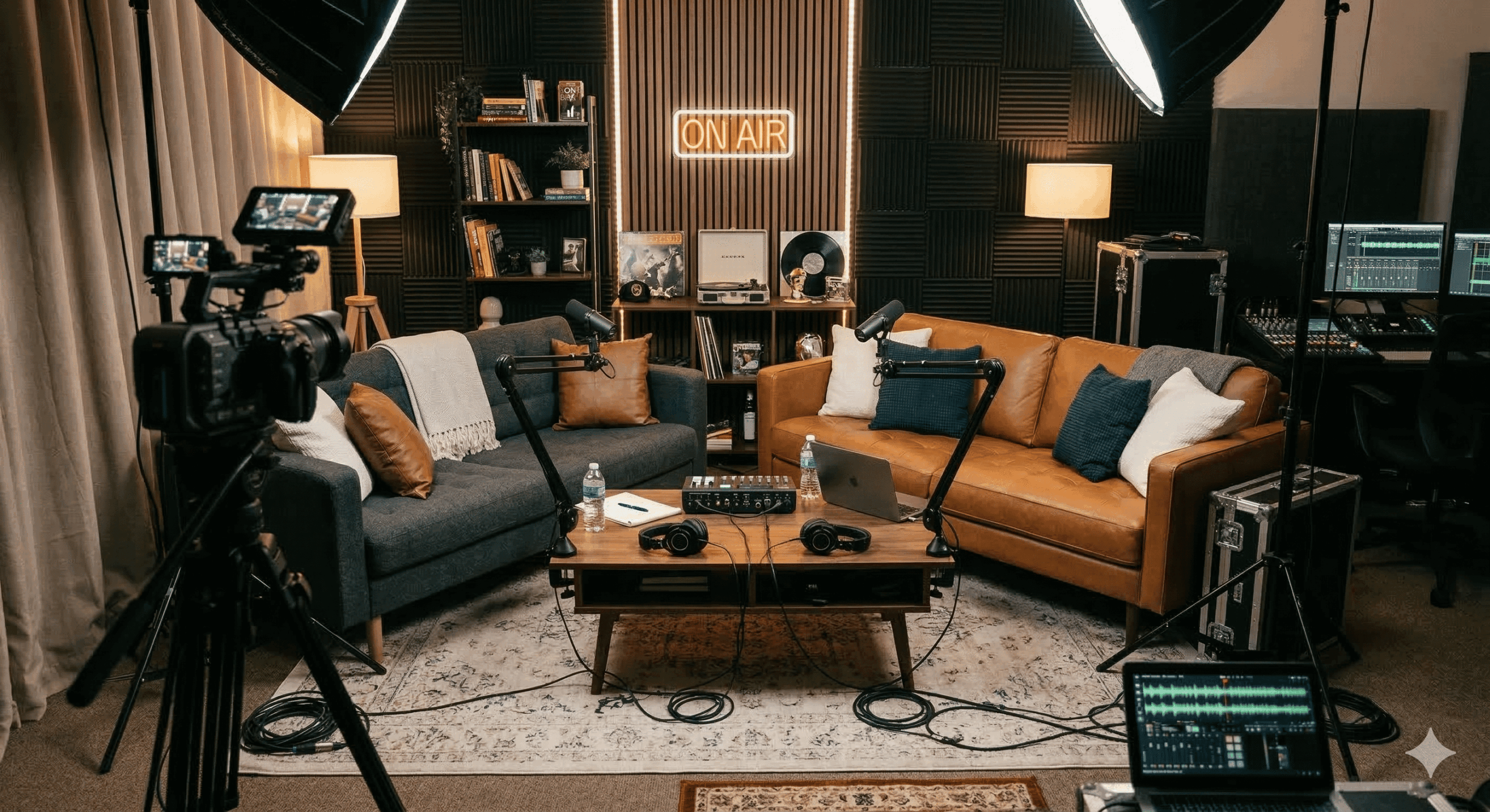 A wide-angle, behind-the-scenes view of a professional video podcast studio featuring two stylish couches facing each other, professional microphones on boom arms, studio lighting, and a video camera on a tripod in the foreground.
